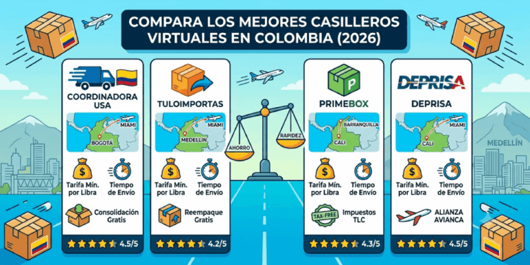 Los mejores casilleros virtuales para Colombia: comparativa 2026 Infografía comparativa de los mejores casilleros virtuales en Colombia en 2026: Coordinadora USA, Tuloimportas, Primebox y Deprisa.
