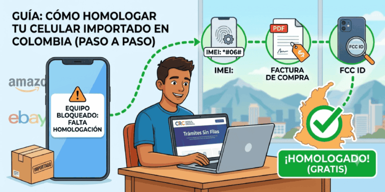 Cómo homologar un celular comprado en Amazon o eBay para Colombia gratis Infografía paso a paso para homologar gratis un celular importado a Colombia ante la CRC (Comisión de Regulación de Comunicaciones)