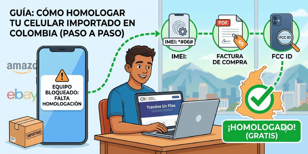 Cómo homologar un celular comprado en Amazon o eBay para Colombia gratis Infografía paso a paso para homologar gratis un celular importado a Colombia ante la CRC (Comisión de Regulación de Comunicaciones)