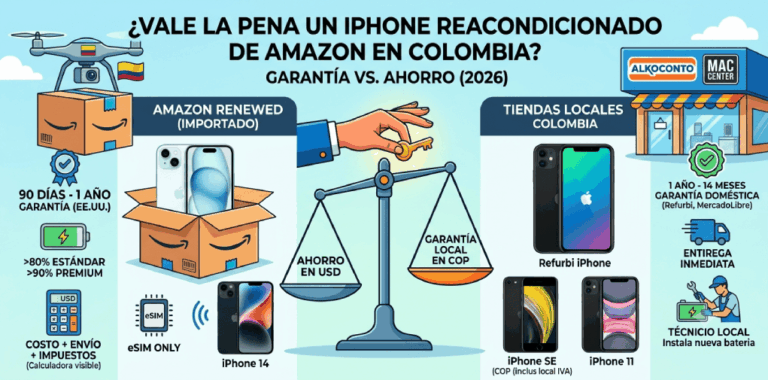 ¿Vale la pena comprar un iPhone reacondicionado en Amazon para Colombia? Comparativa visual: iPhone reacondicionado de Amazon Renewed vs. tiendas locales en Colombia (Garantía de EE. UU. vs. local, 2026).
