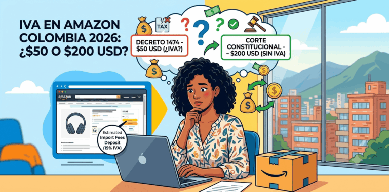 ¿Cobran IVA en Amazon Colombia por compras mayores a 50 o 200 USD en 2026? La verdad sobre el Decreto 1474 Infografía sobre los límites de importación sin IVA de Amazon a Colombia en 2026: $50 USD vs. $200 USD (Sentencia C-079/26).