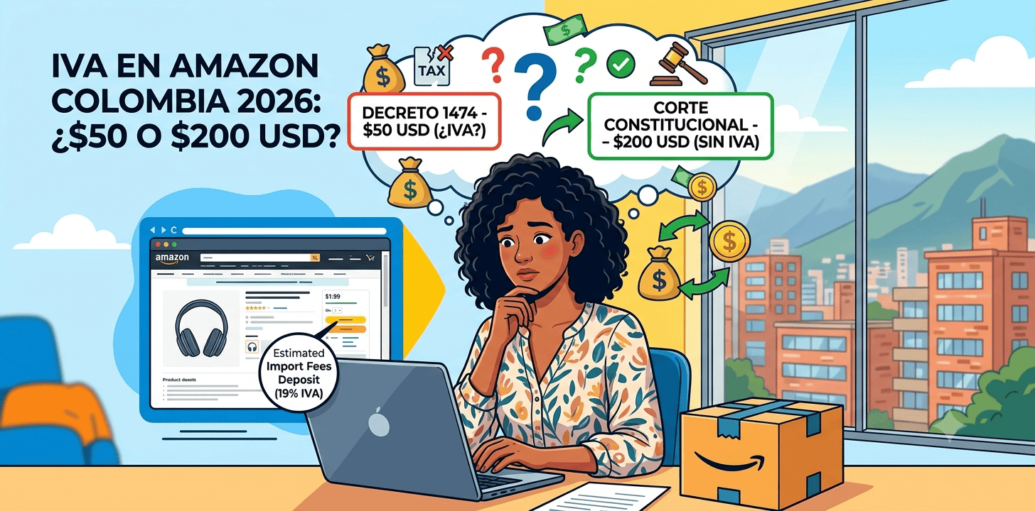 ¿Cobran IVA en Amazon Colombia por compras mayores a 50 o 200 USD en 2026? La verdad sobre el Decreto 1474 Infografía sobre los límites de importación sin IVA de Amazon a Colombia en 2026: $50 USD vs. $200 USD (Sentencia C-079/26).