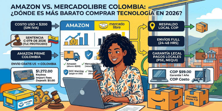 Amazon vs. Mercado Libre Colombia: ¿dónde comprar tecnología más barata? Infografía comparativa: Amazon vs. MercadoLibre Colombia, dónde es más barato comprar tecnología (laptops, consolas) en 2026.