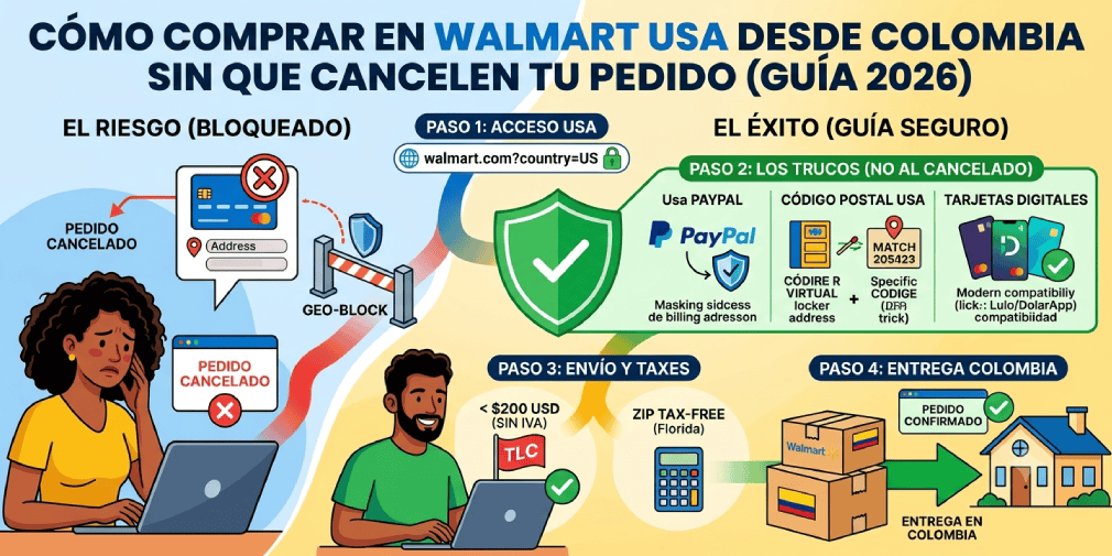 Cómo comprar en Walmart USA desde Colombia sin que cancelen tu pedido Infografía de guía segura para comprar en Walmart USA desde Colombia sin cancelaciones: uso de PayPal, tarjetas digitales y casillero.