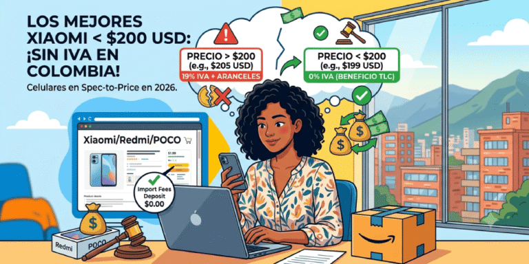 Los mejores celulares Xiaomi por menos de USD 200 para comprar sin IVA Infografía de los mejores celulares Xiaomi por menos de $200 USD para comprar sin IVA en Colombia bajo el TLC en 2026.