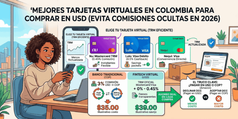 Mejores tarjetas virtuales para comprar por internet en USD desde Colombia Comparativa de las mejores tarjetas virtuales en Colombia para compras en USD (Nu, Lulo, Nequi) y cómo evitar comisiones en 2026.