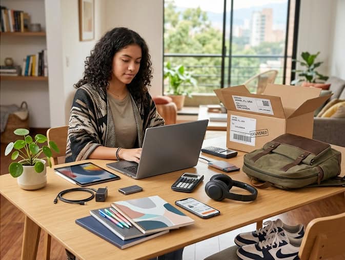 Regreso a clases 2026: qué comprar en USA para ahorrar desde Colombia Estudiante preparando compras de regreso a clases con laptop, tablet, audífonos, mochila y útiles escolares importados desde Estados Unidos para Colombia